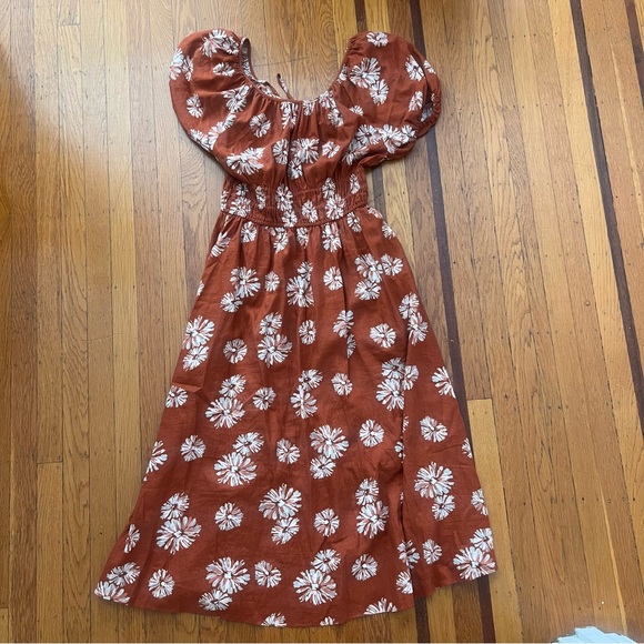 Madewell Sophia Linen Blend Floral Puff Sleeve Midi Dress Rusty Torch M medium - Picture 3 of 4